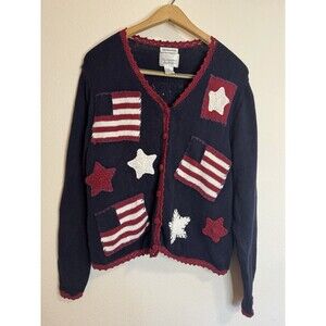 Christopher & Banks Women's  Cardigan Sweater S USA Flag Hand Embroidered Blue